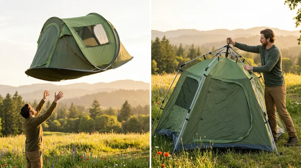 A comparison showing the two main types of best pop up tent mechanisms including a throw tent and a hydraulic hub tent.