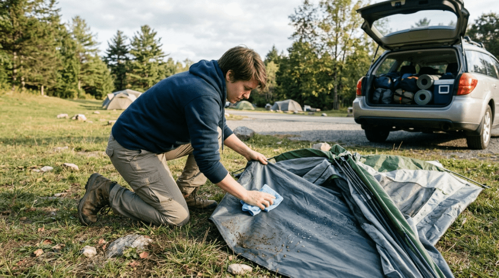 A camper wiping down the bottom of a pop up tent to remove moisture and dirt before packing it away.