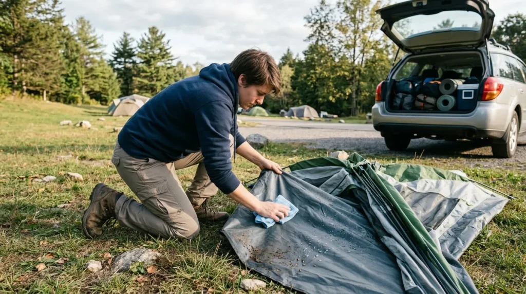 A camper wiping down the bottom of a pop up tent to remove moisture and dirt before packing it away.
