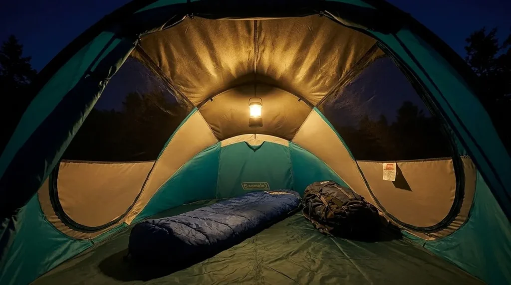 The interior floor space of a Coleman 2-person pop up tent showing a solo camping setup.