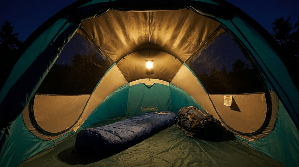 The interior floor space of a Coleman 2-person pop up tent showing a solo camping setup.