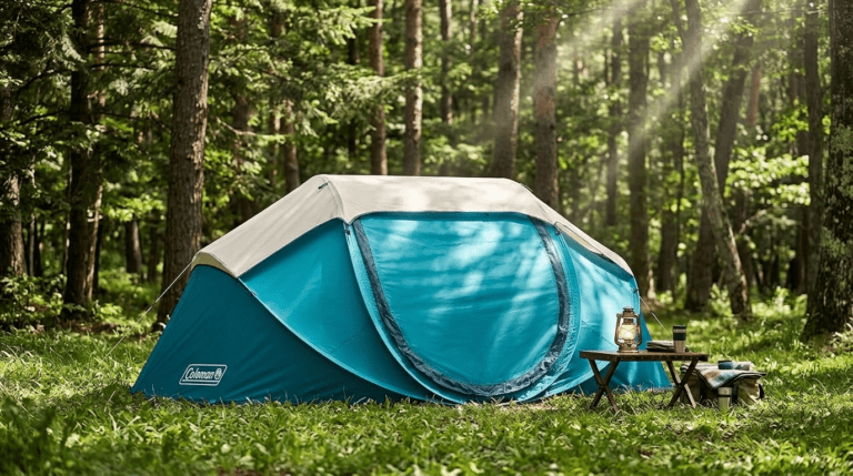A blue Coleman pop up tent fully set up at a scenic forest campsite.