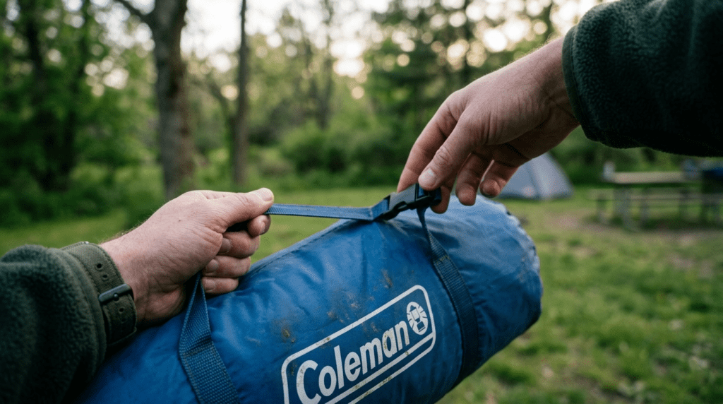 A first person view of a person about to release the safety strap on a Coleman pop up tent for setup.