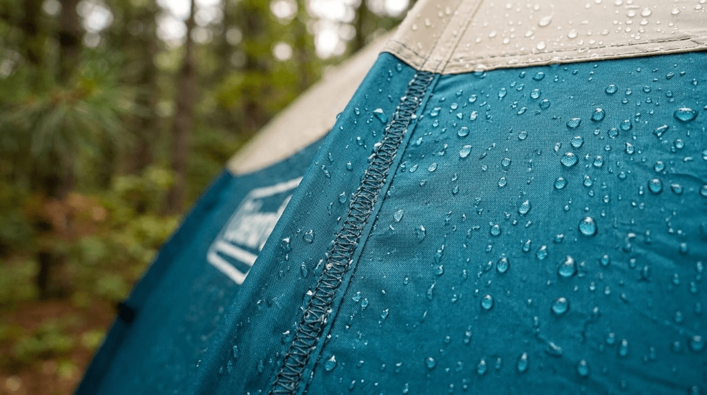 A close up showing water beading on the WeatherTec fabric and inverted seams of a Coleman pop up tent.