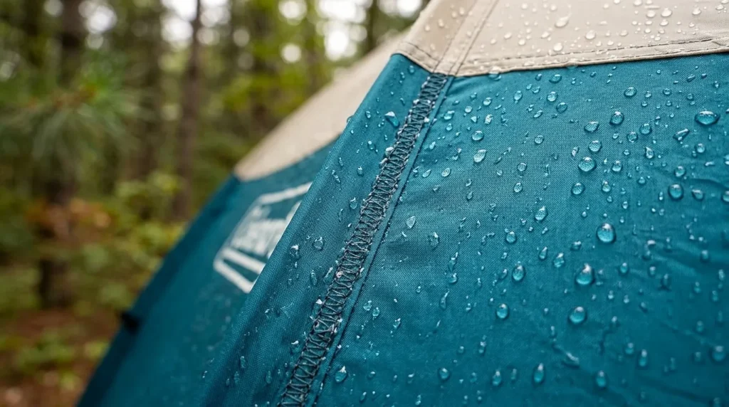 A close up showing water beading on the WeatherTec fabric and inverted seams of a Coleman pop up tent.
