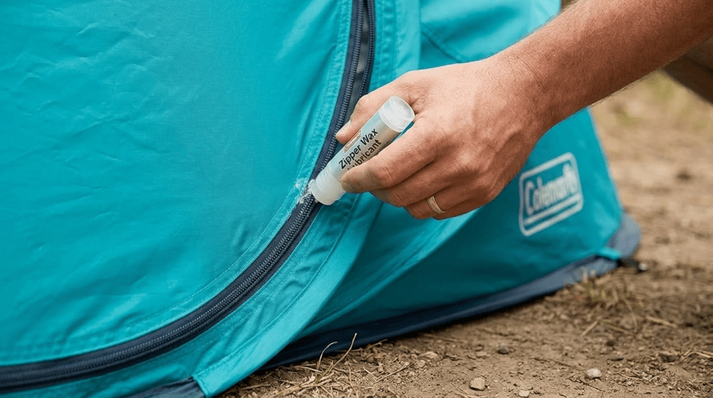 A camper performing maintenance on the zippers of a Coleman pop up tent to ensure durability.