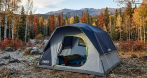 Review featured image of the Coleman Skydome 6 person tent for camping in the forest.