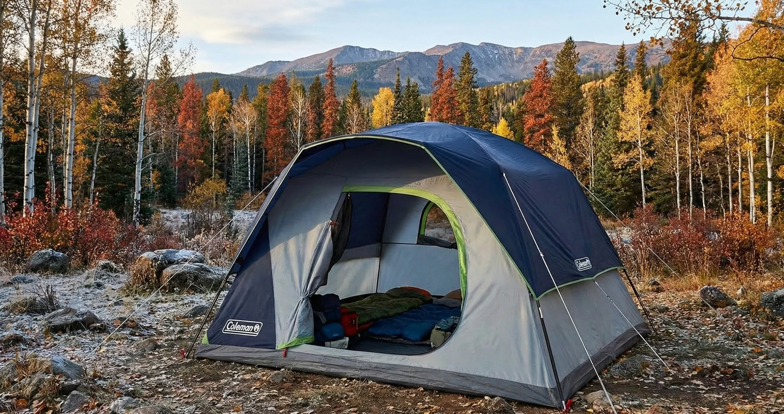Review featured image of the Coleman Skydome 6 person tent for camping in the forest.