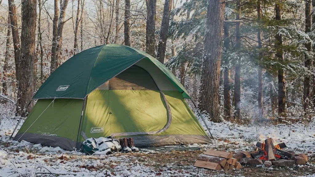 Coleman Sundome 4 person tent pitched in a late winter forest.