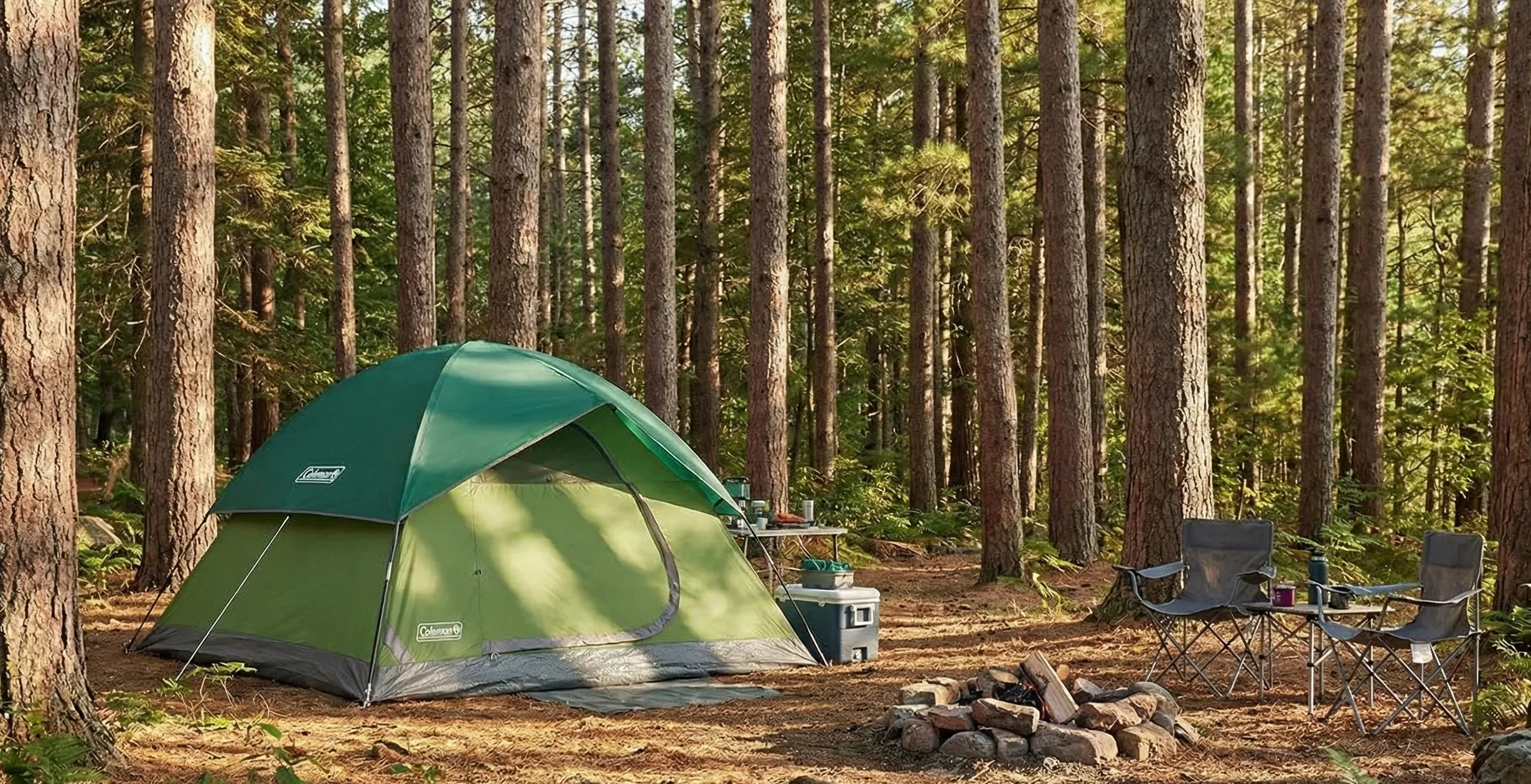 A Coleman Sundome 4 person tent pitched in a sunny forest campsite.