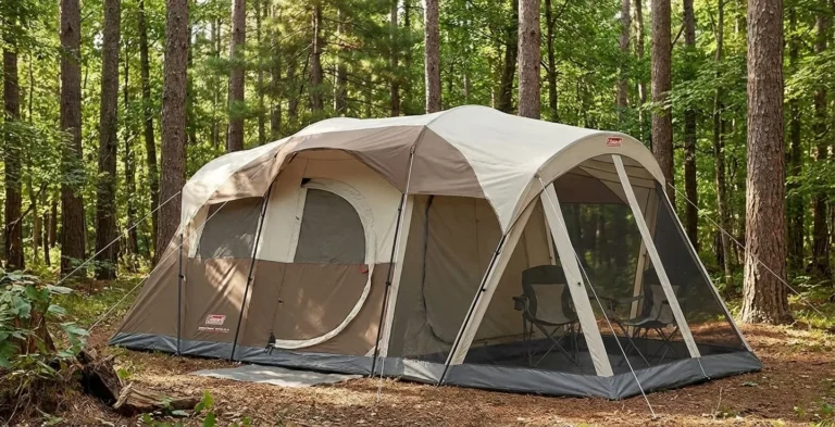 Coleman WeatherMaster 6 Person Tent set up in a campground with screen room visible.