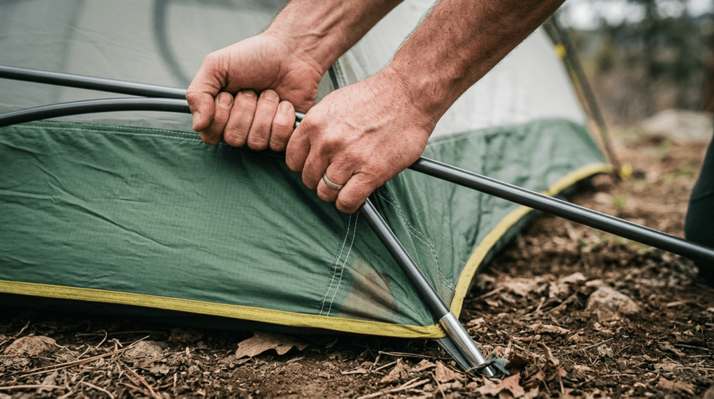 A close up showing the danger of using too much force and causing pole strain when folding a pop up tent.