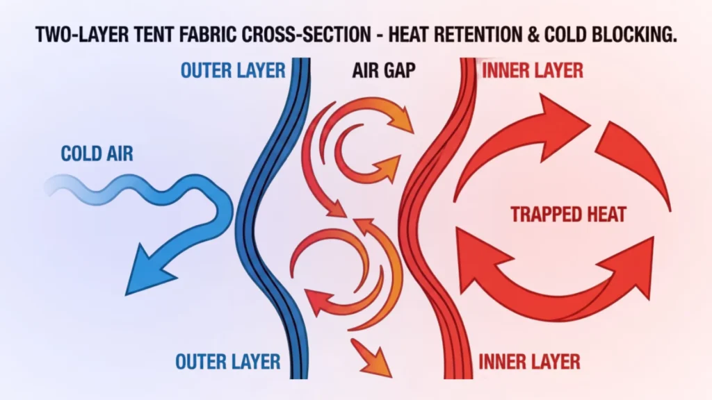 Diagram showing how the double-wall air gap retains heat in the Russian Bear tent.