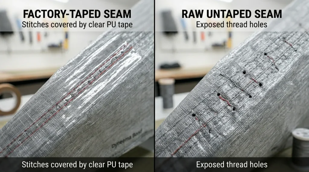 A comparison showing a factory taped tent seam versus a raw untaped seam that needs manual sealing.