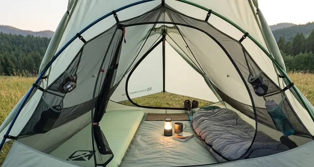 The interior floor plan and vertical walls of a Featherstone UL Granite 2P tent.