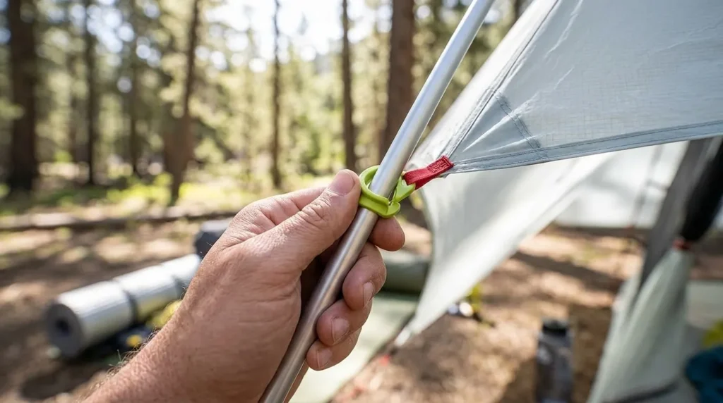 A close up of the simple clip-on setup mechanism on a Featherstone Granite 2P tent.