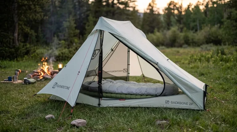 A Featherstone UL Granite 2P backpacking tent fully pitched at a forest campsite.