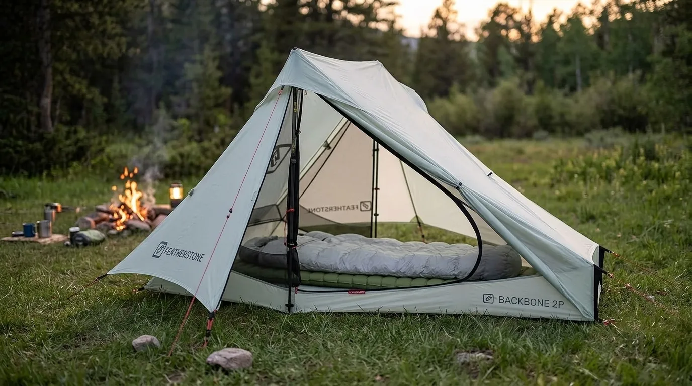 A Featherstone UL Granite 2P backpacking tent fully pitched at a forest campsite.