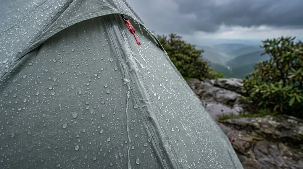 Rainwater beading on the 3000mm waterproof rainfly of a Featherstone UL Granite 2P tent.