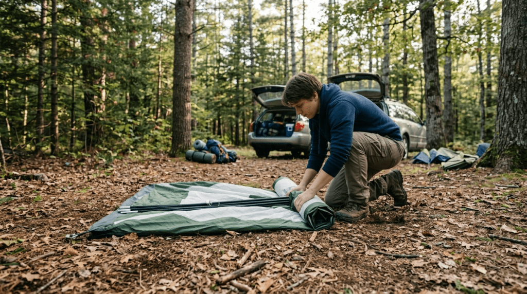 A camper demonstrating how to roll the fabric around the hub poles of a teepee style instant tent.