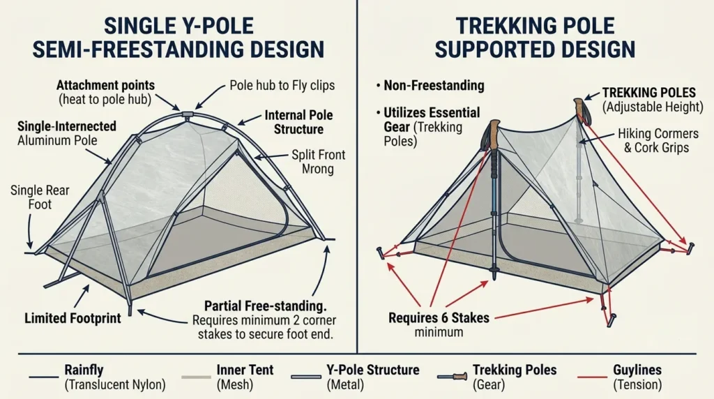 A comparison showing the structural difference between a semi-freestanding tent and a trekking pole supported shelter of best ultralight tents.