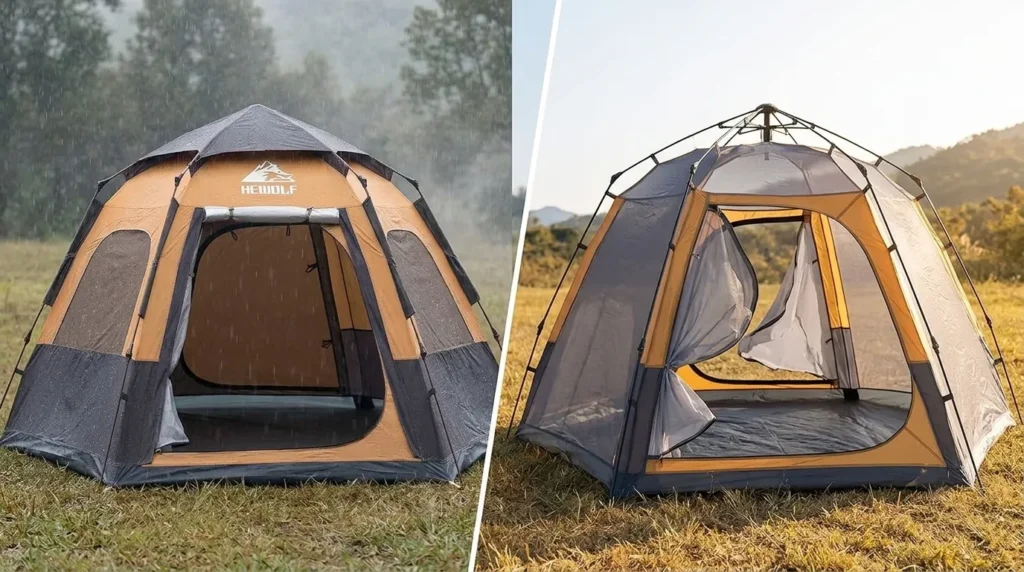 A comparison showing the Hewolf pop up tent with and without its outer rainfly.