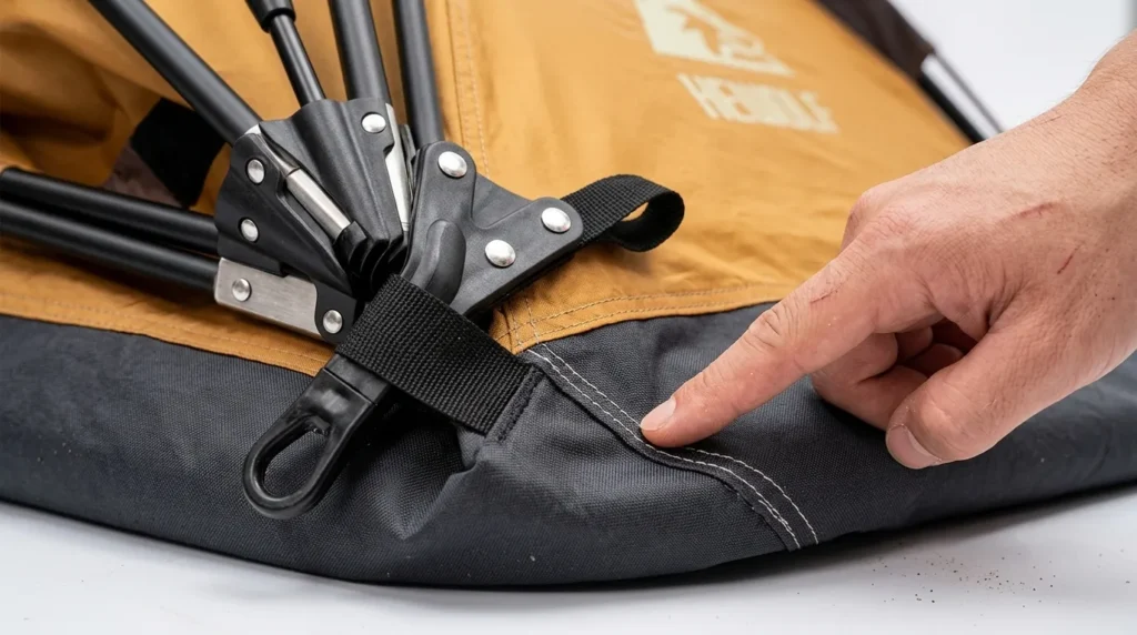 A detailed close up of the reinforced aluminum poles and thick floor on a Hewolf tent.