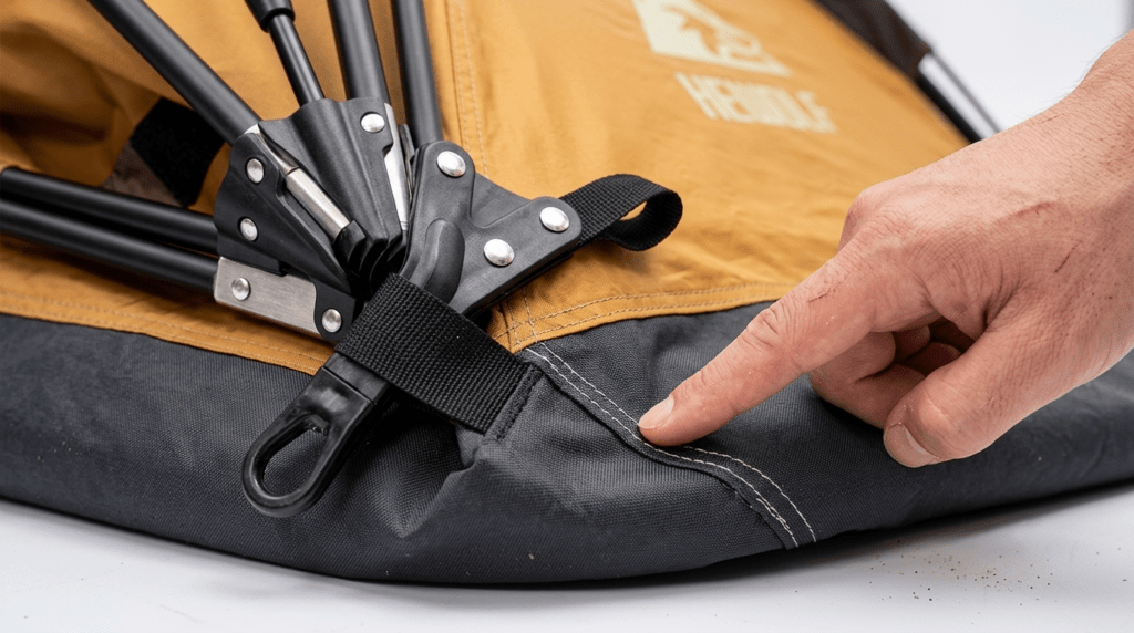 A detailed close up of the reinforced aluminum poles and thick floor on a Hewolf tent.
