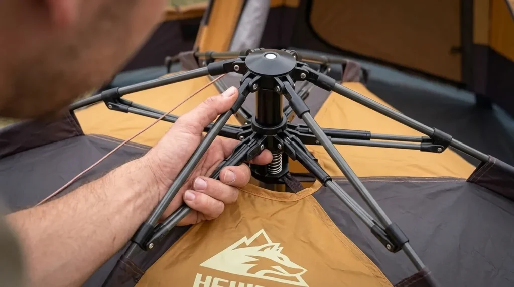 A close up of the hydraulic hub mechanism on a Hewolf pop up tent during setup.