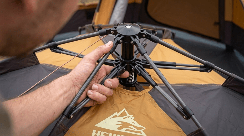 A close up of the hydraulic hub mechanism on a Hewolf pop up tent during setup.