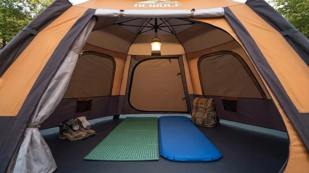 The interior floor plan of a Hewolf 2-3 person instant tent set up for two people.