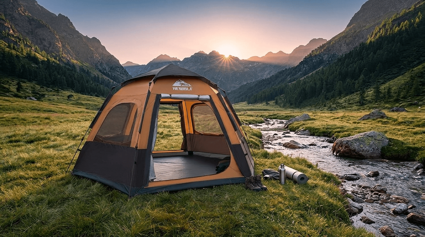 A Hewolf instant pop up tent pitched near a stream in a mountain valley.