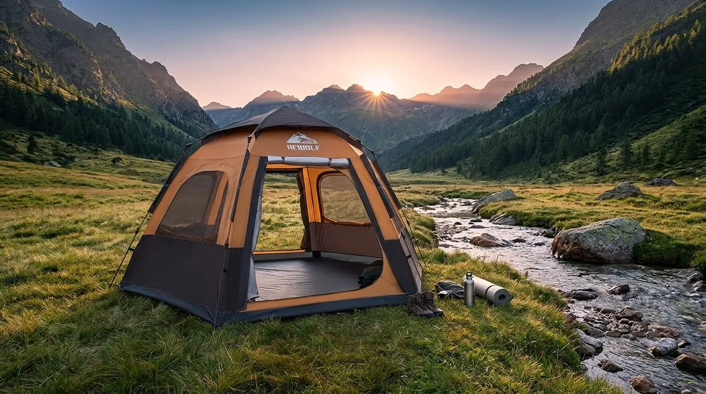 A Hewolf instant pop up tent pitched near a stream in a mountain valley.