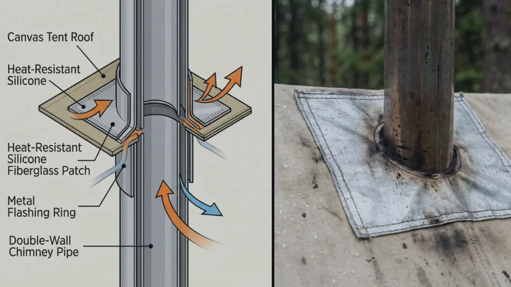 What is a hot tent? Close up view of a stove pipe passing through a heat-resistant stove jack on a tent roof.