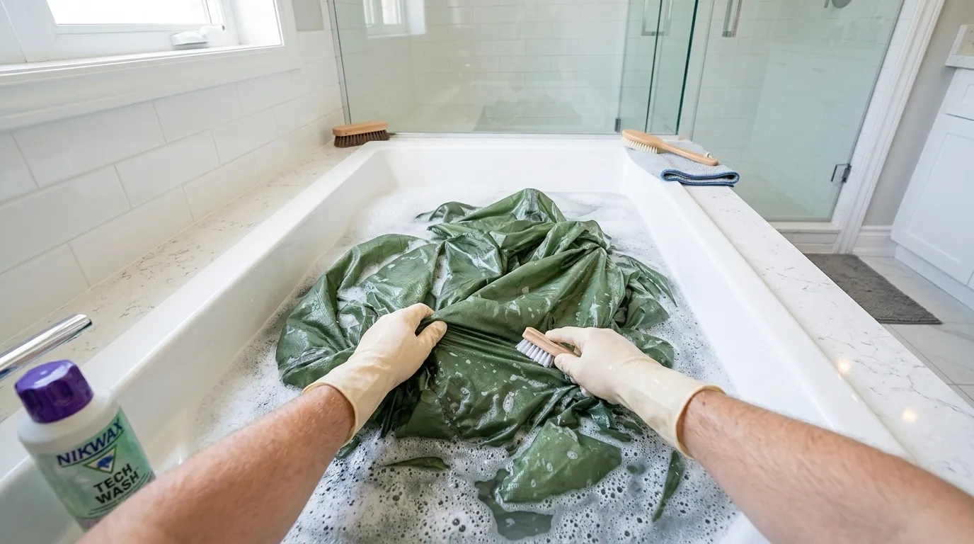 A person is showing how to clean a musty tent by hand washing a technical backpacking tent in a bathtub to remove musty odors.