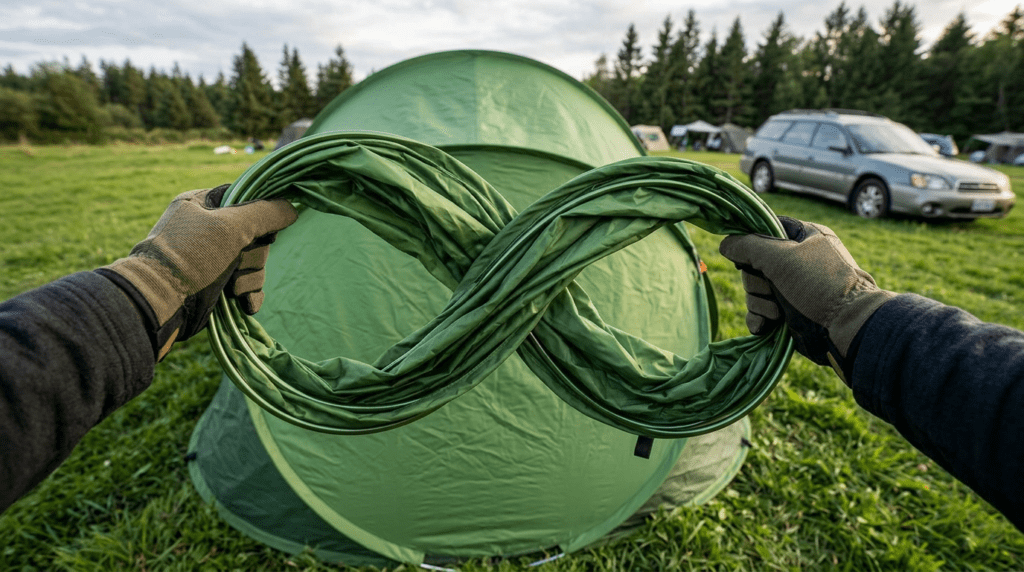 A person demonstrating the figure eight folding technique for a circular pop up tent at a campsite.