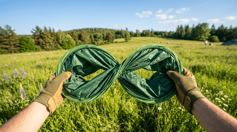 A step by step demonstration of how to fold a pop up tent (circular) using the figure eight method.