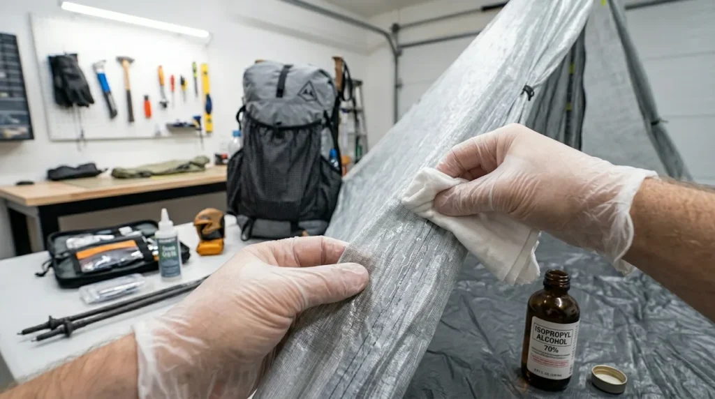How to seam seal a tent: A person cleaning a tent seam with rubbing alcohol to prepare for sealant application.