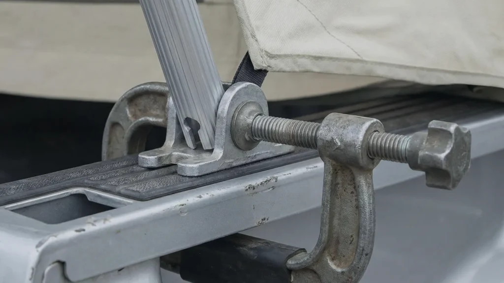 Close up of the heavy-duty C-clamp rail system used on the Kodiak Truck Tent.