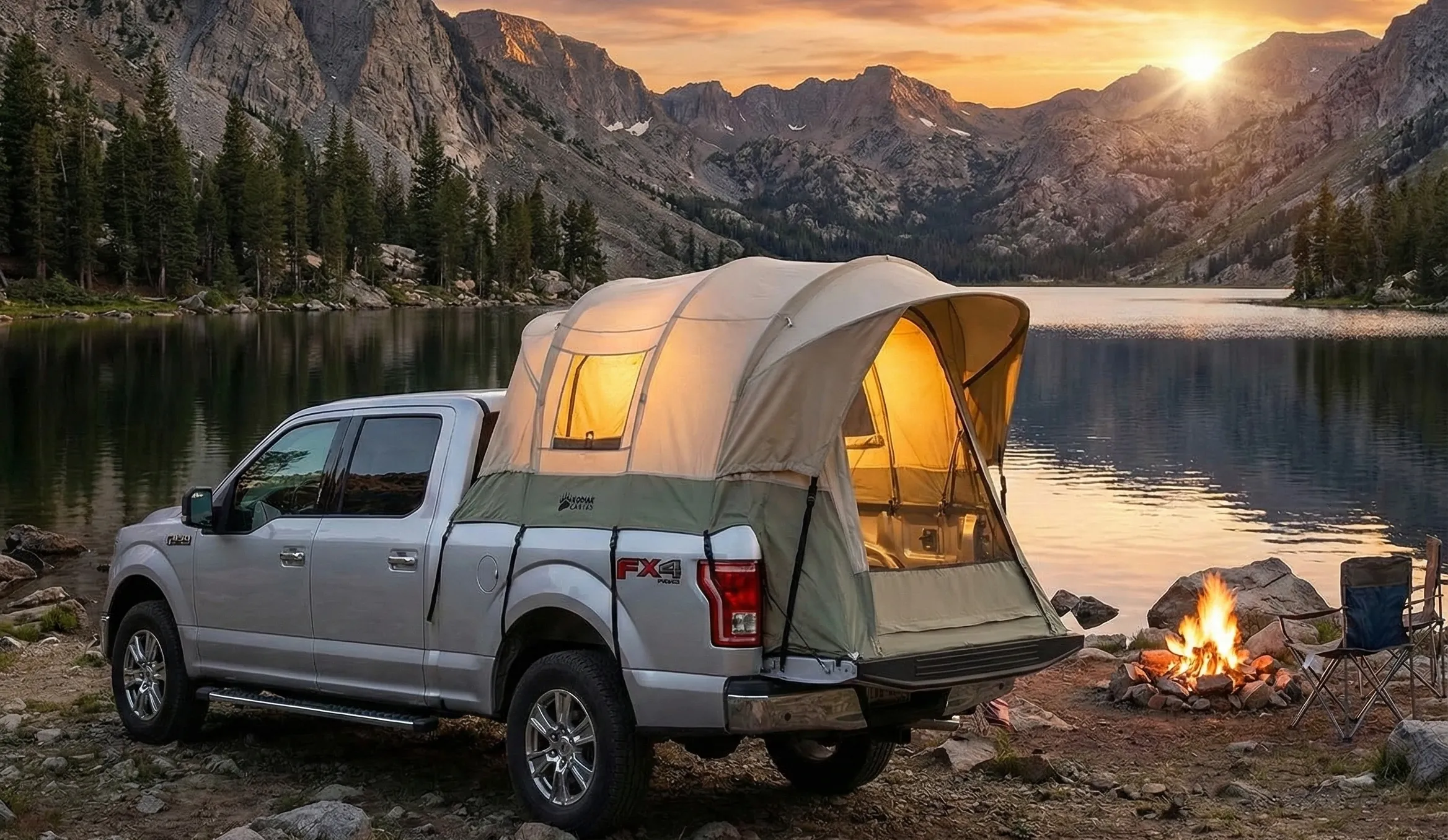 Kodiak Canvas Truck Bed Tent set up on a pickup truck near a lake.