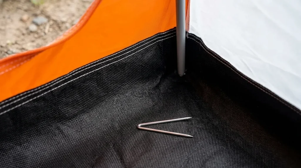 A detailed view of the 210D Oxford floor and reinforced stitching on a Moon Lence tent.