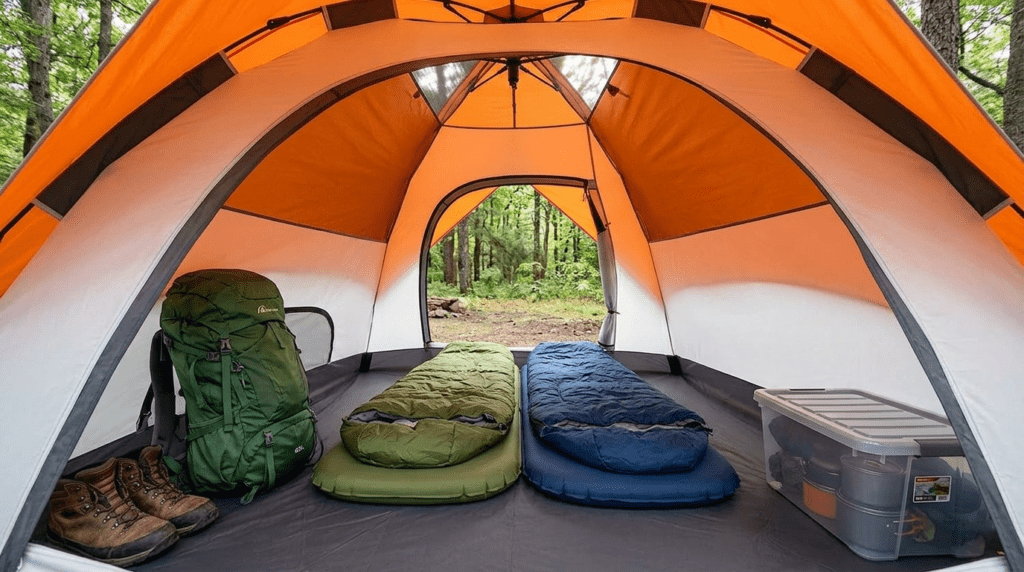 The interior floor space of a 4-person Moon Lence instant tent organized with camping gear.