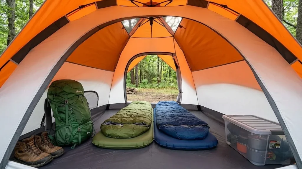 The interior floor space of a 4-person Moon Lence instant tent organized with camping gear.