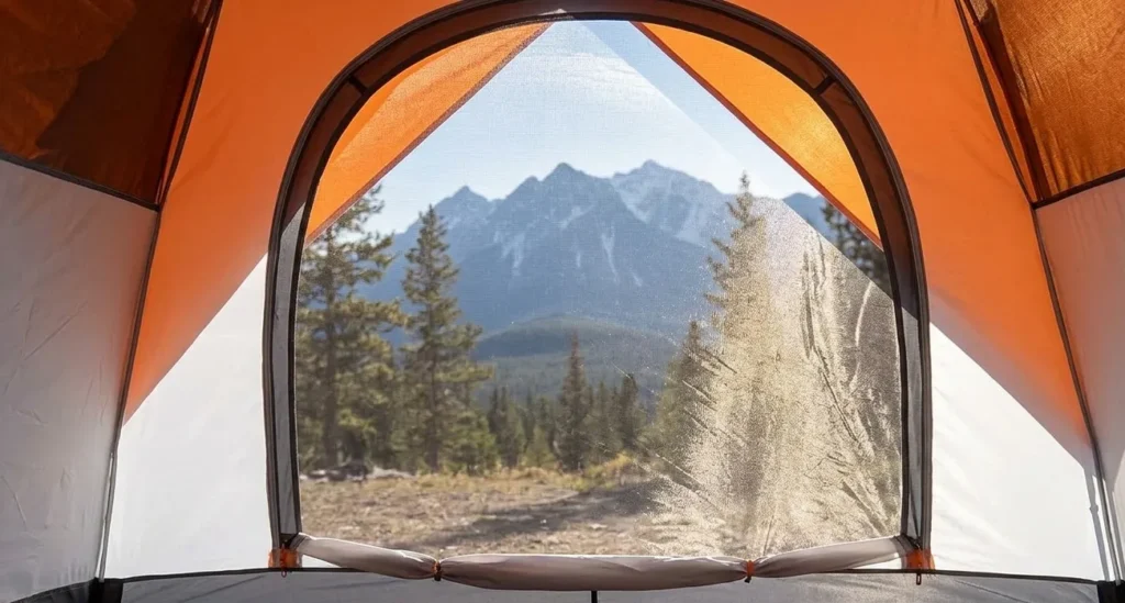 Looking out of a Moon Lence pop up tent window showing the high-visibility mesh and airflow.