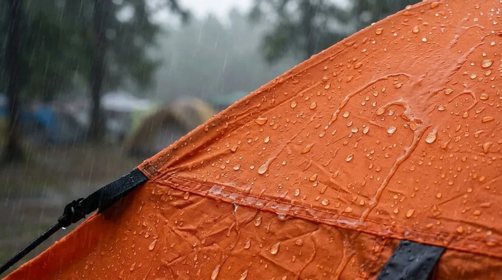 Water beading on the 2000mm waterproof rain fly of a Moon Lence pop up tent.