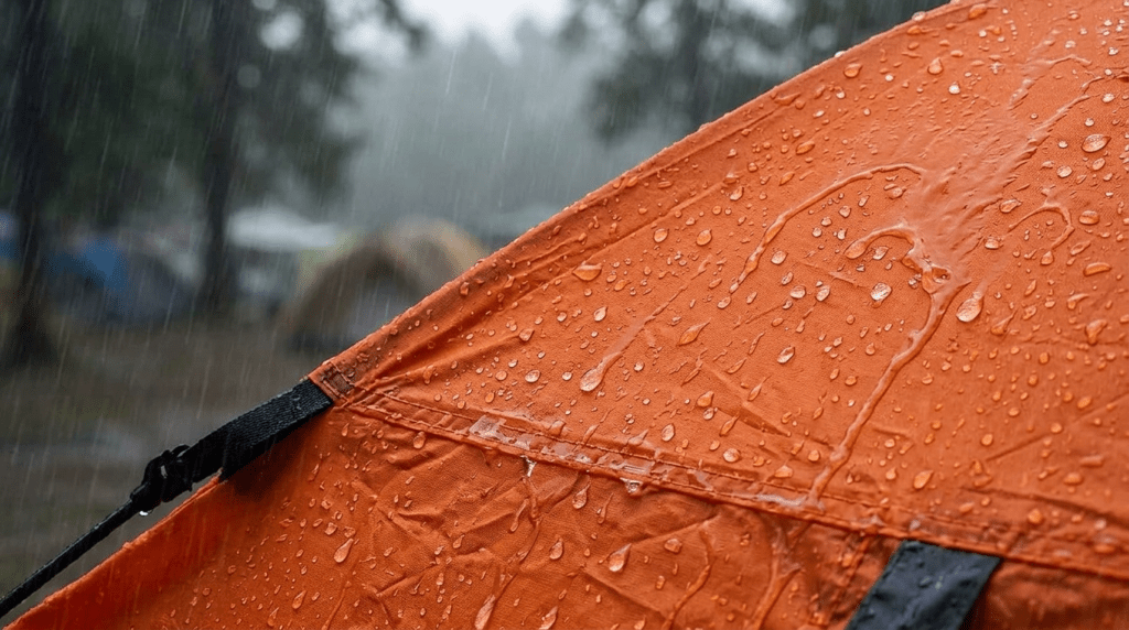 Water beading on the 2000mm waterproof rain fly of a Moon Lence pop up tent.