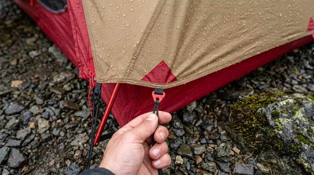 Tightening the reflective guy lines on an MSR Freelite 2 tent during a rain test.