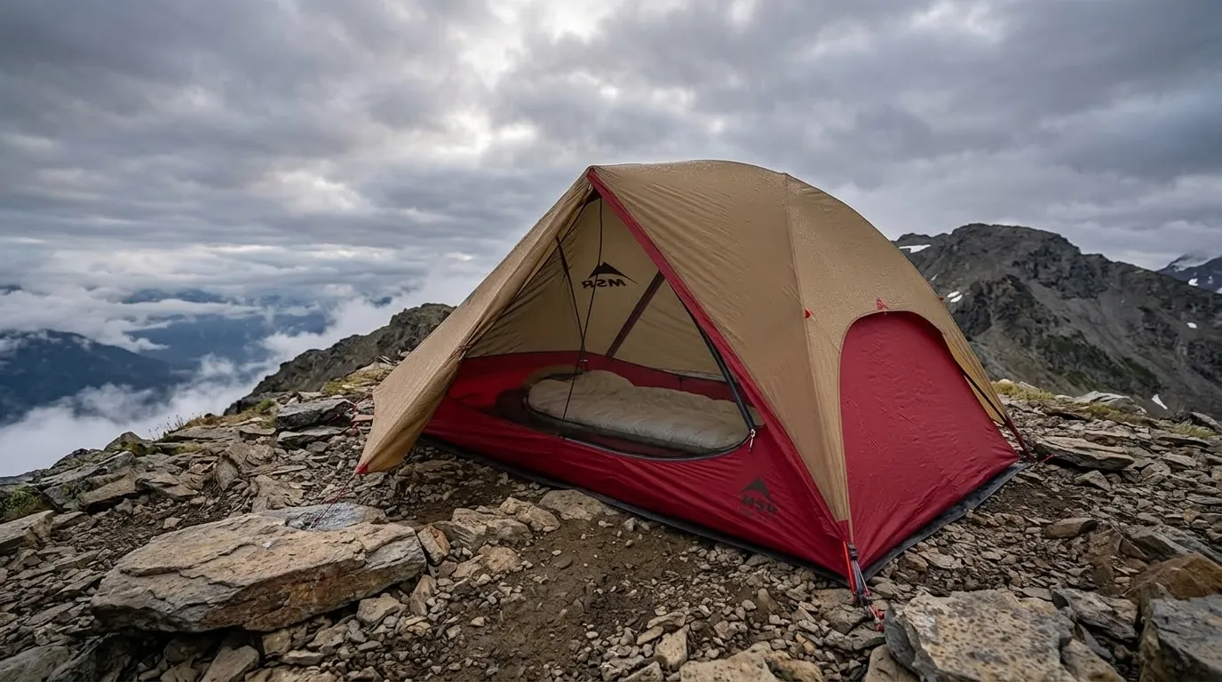 An MSR Freelite 2 ultralight tent pitched in the mountains during cloudy weather.