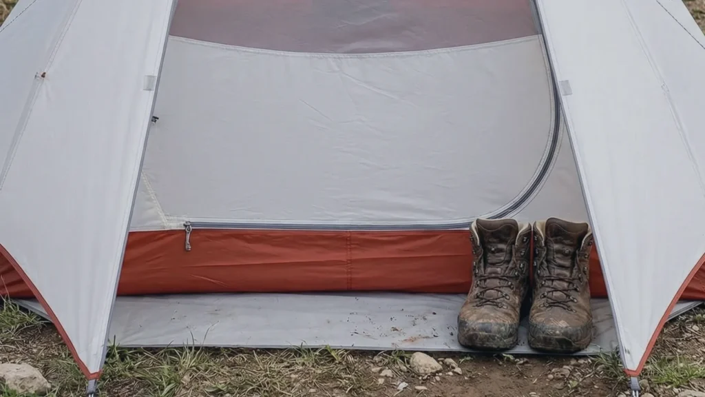 Front vestibule of the Naturehike Cloud Up 1 tent with hiking boots.