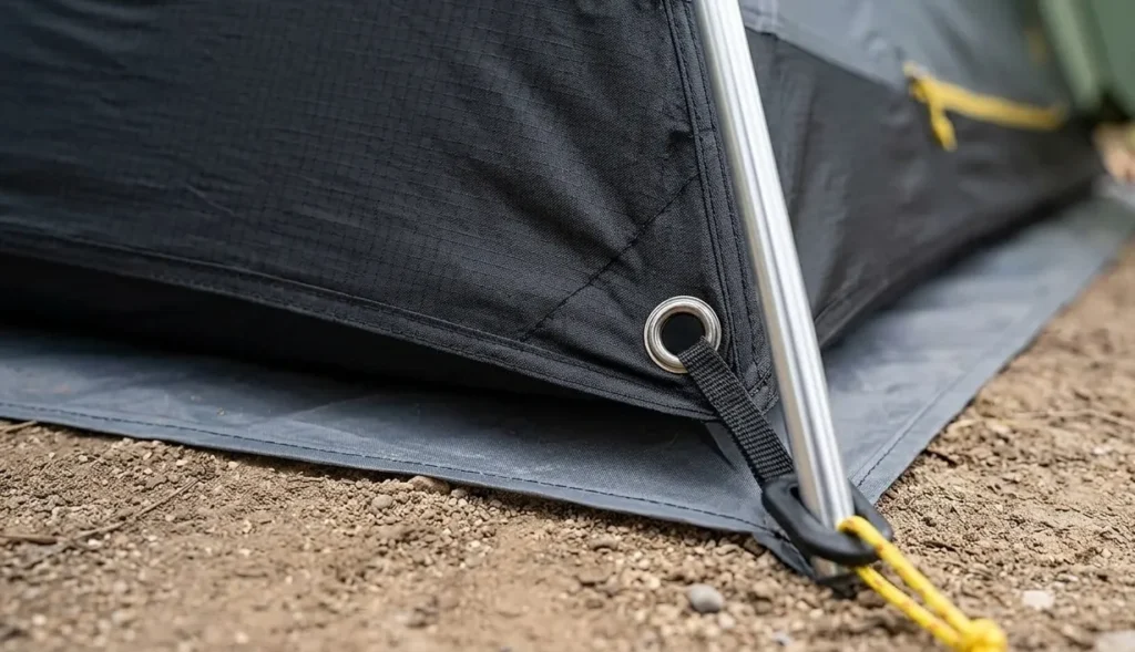 Detailed view of the 20 denier ripstop nylon and included footprint on a Naturehike Mongar 2 tent.